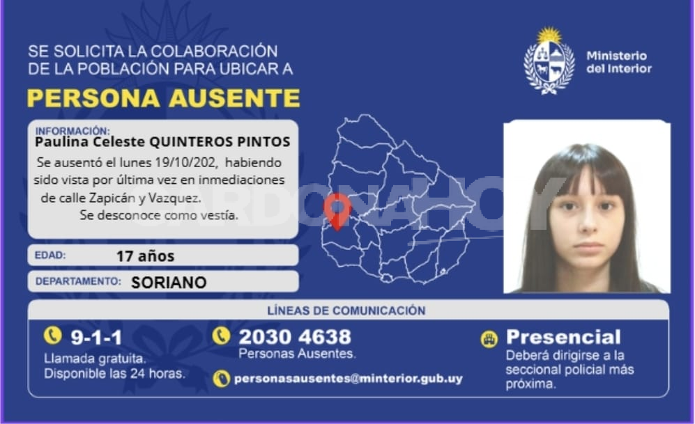 Ministerio del Interior solicita colaboración para localizar a una adolescente de 17 años en Soriano